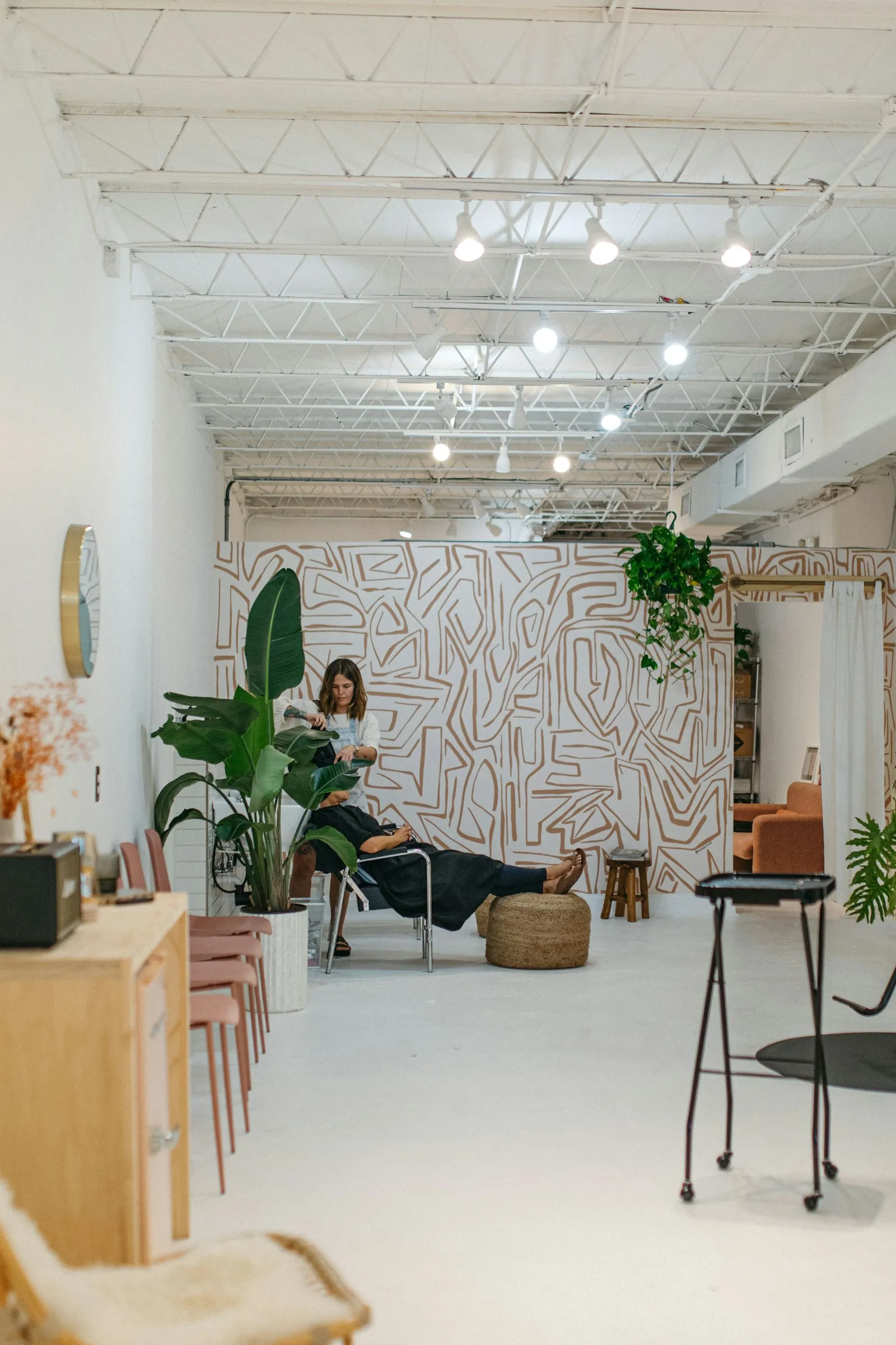 The salon, one chair, plants and a long window